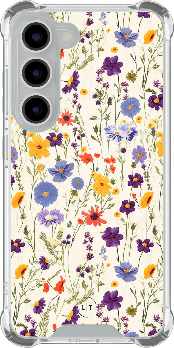 Shockproof hoesje - Geschikt voor Samsung Galaxy S23 - Wildflowers - Extra sterke case - TPU/polycarbonaat - Bloemen - Multi, Transparant