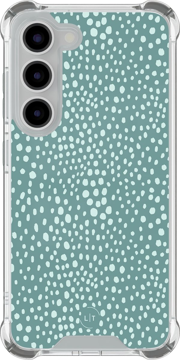 Shockproof hoesje - Geschikt voor Samsung Galaxy S23 - Blue dots - Extra sterke case - TPU/polycarbonaat - Gestipt - Blauw, Transparant