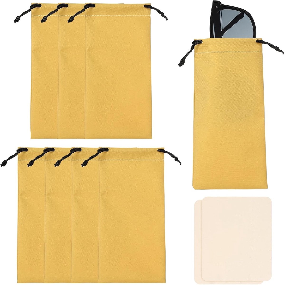 8 Stuks Draagbare Brillenkokers van Polyester met Trekkoord en 2 Gele Doeken - Ideaal voor Zonnebrillen en Optische Brillen (18 x 8 cm)