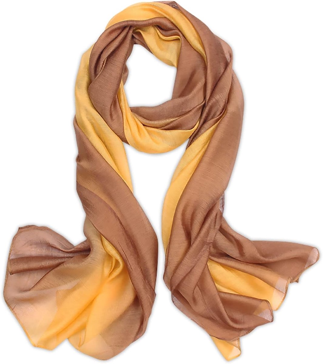 Zijdeachtige sjaal voor dames met gradient kleur, lichte en zachte stof, ideaal als zonbescherming en modieuze accessoire voor elk seizoen, geel en donkerbruin, één maat