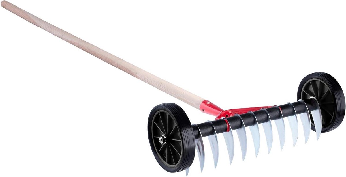 Grasbeluchter Metaal - Verticuteerder Wielen - Grasonderhoud Verbeteren - Lange Steel - 150 x 420 mm - Rood