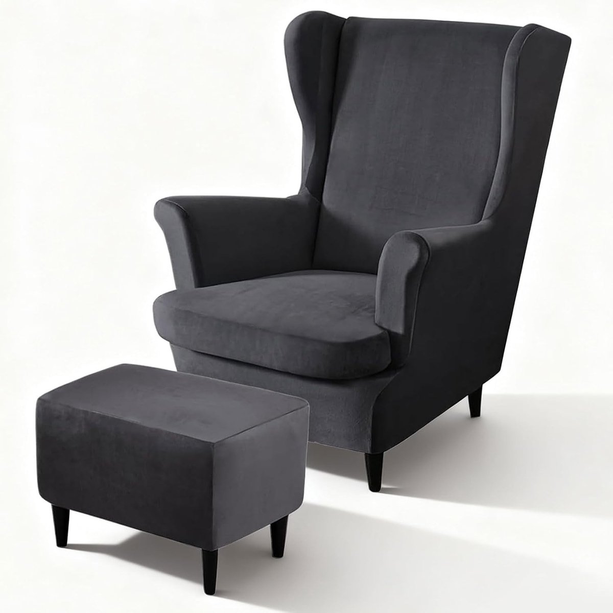 Elegante 3-delige Velours Oorbellen Recliner Hoes met Voetensteun, Rekbare en Wasbare Stoelhoes voor Hoge Rug (Donkergrijs)