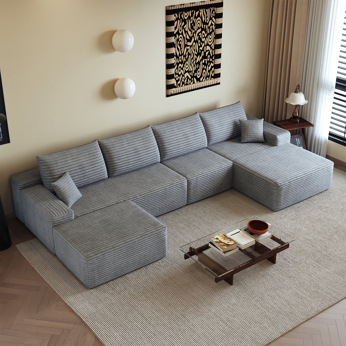 DESMIU Hoekbank 5-Zits - Modulaire L-Vorm Met Chaise Longue - Zonder Montage - Voor Woonkamer En Appartement - Stof - Grijs