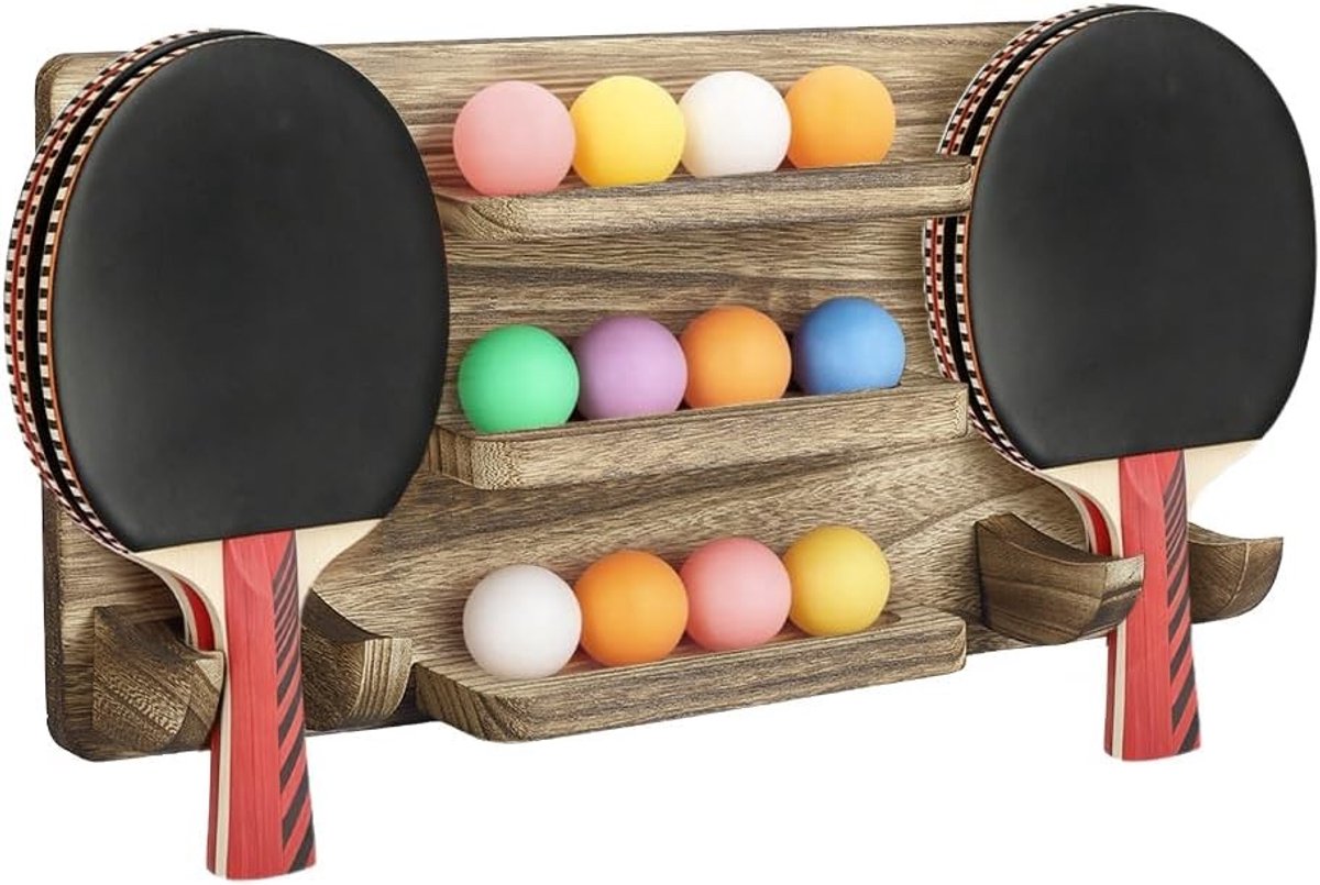 Houten Wandgemonteerde Tafeltennis Paddle Houder voor Thuis, Garage en Game Room - Ideaal voor Organisatie en Opslag van Tafeltennis Peddels, Koffiekleur