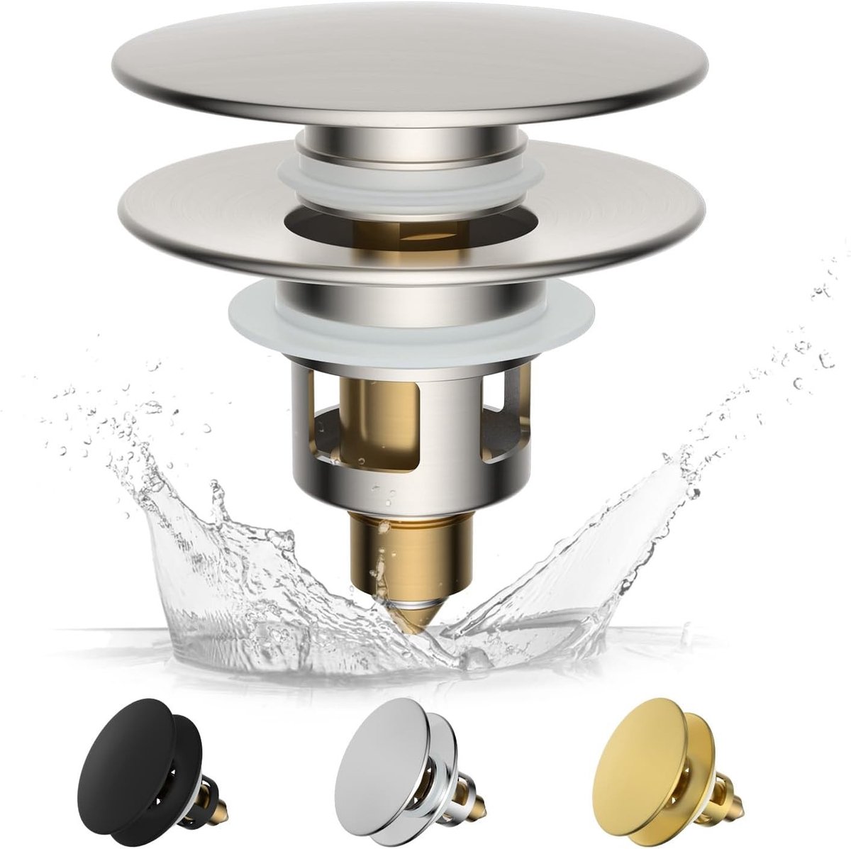 Pop-up afvoerplug met zeef, messing veermechanisme, vervangende afvoerplug voor wastafel, geschikt voor 25mm tot 46mm, universele toepassing in badkamer en keuken