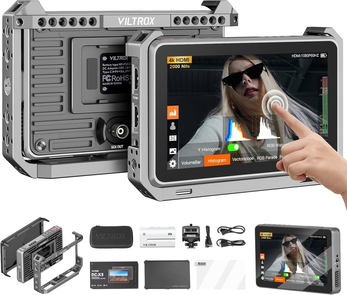 Professionele 6 Inch Touch Screen Monitor voor Camera's met 2000 Nits, 4K HDMI en 3G-SDI, Inclusief Zonneklep en Batterij
