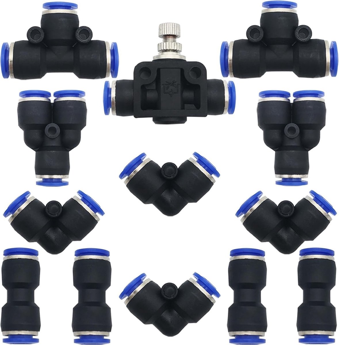 13-delige snelle koppeling lucht push kit, slangconnector voor 10 mm PU/PE/Nylon buis, inclusief Y, T, L, I en combinatie slangventiel