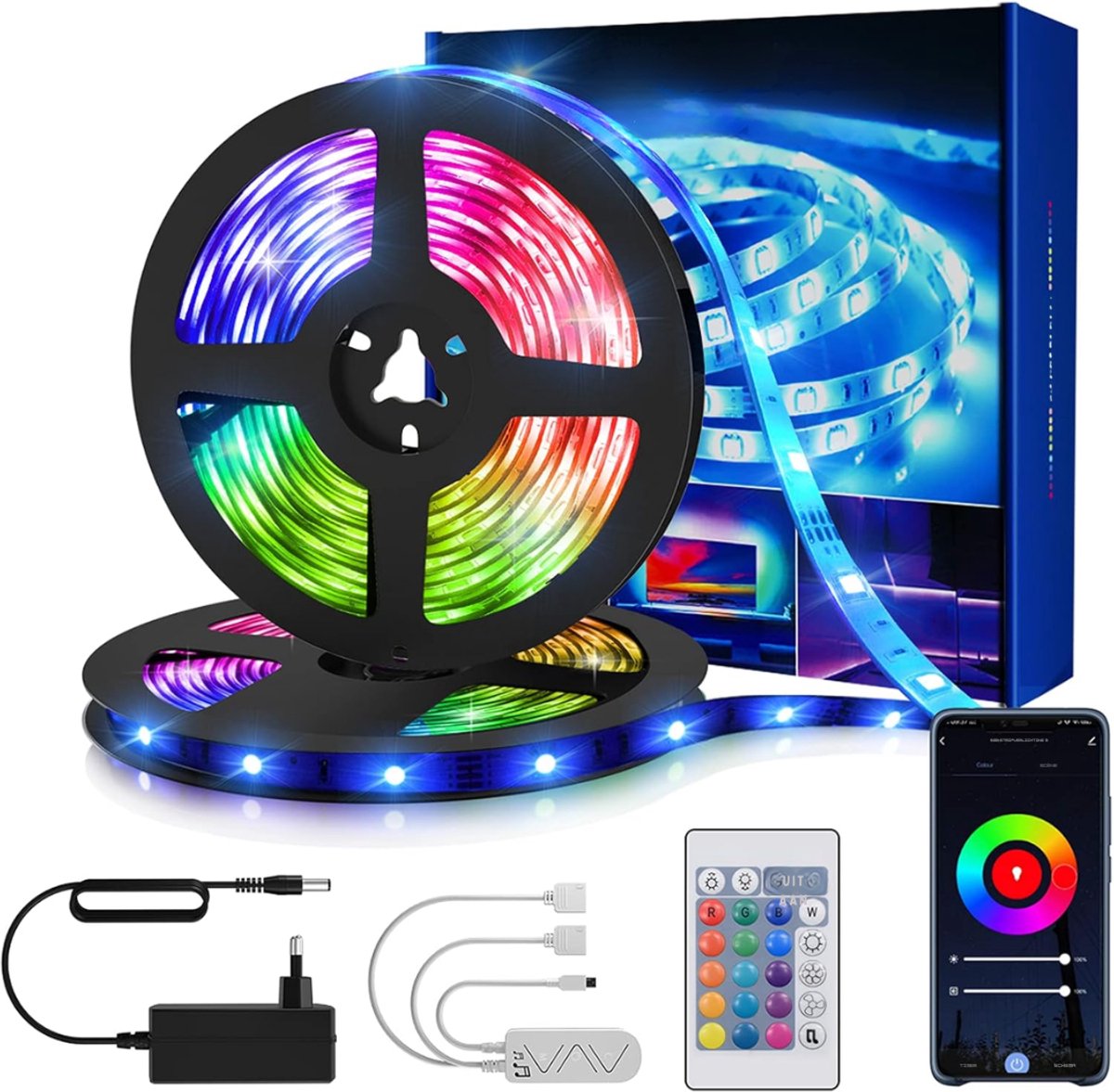 Allvia® Led Strip 15 Meter - Smart Led - Led Strip - met Muziekfunctie - Bluetooth - en Afstandsbediening - Veelkleurig - 15cm x 10cm x 1cm