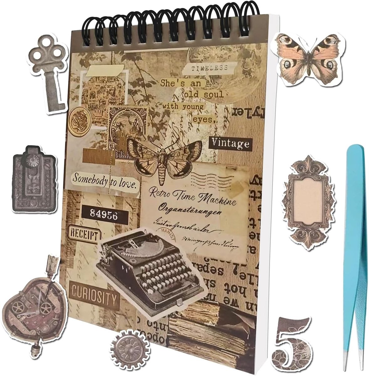 Scrapbook Set met 50 Vellen, Creatieve Accessoires voor Fotoalbums, Dagboeken en DIY Projecten met Vintage Stickers, Bloemen en Vlinders