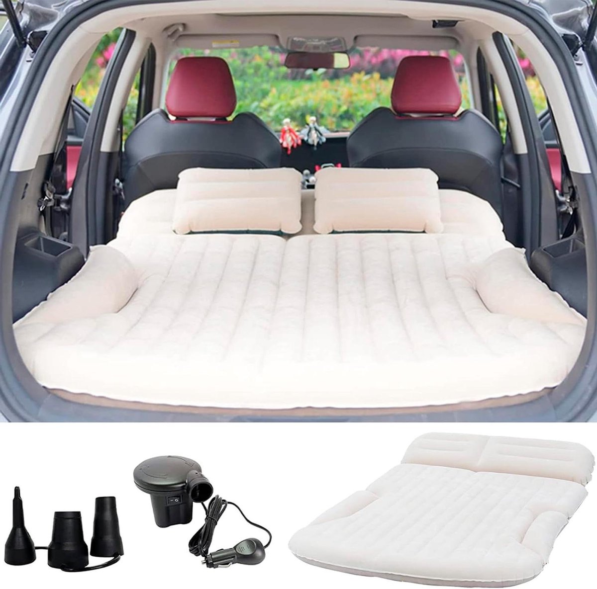 Auto Luchtbed - Kampeer Matras - Reizen met auto - Verhoogde rand - 195x126 cm - Beige en Koffie