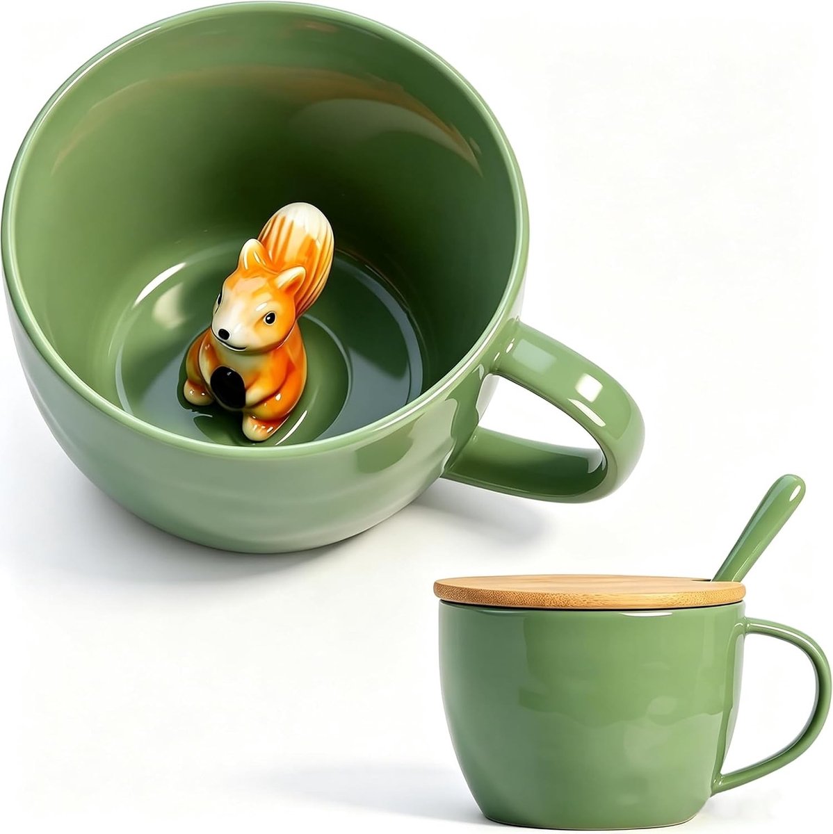 Unieke keramische mok met schattige eekhoorn en 3D-dier, perfect als cadeau voor dierenliefhebbers, voor koffie en thee, met deksel en lepel, ideaal voor feestdagen en verjaardagen