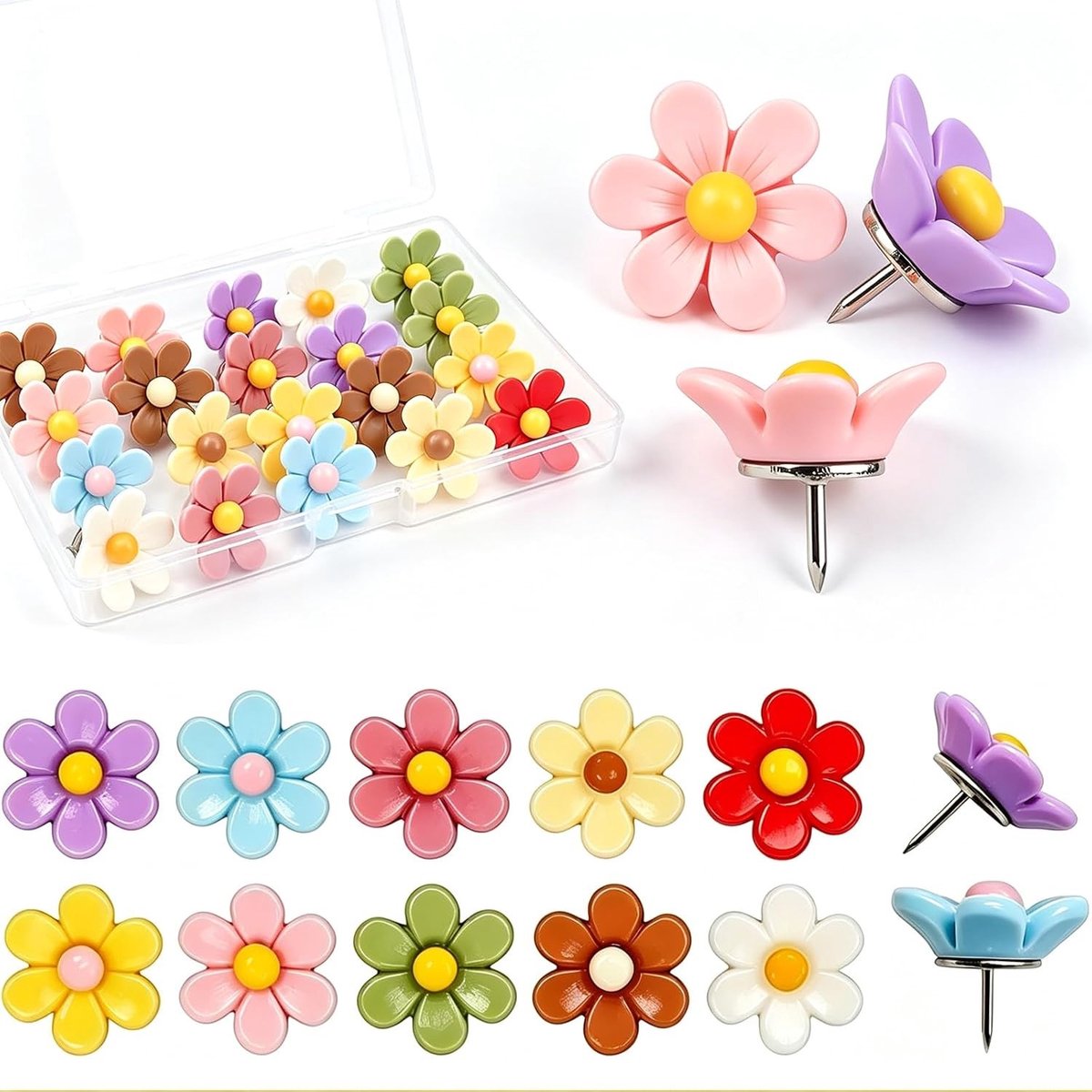 Decoratieve punaises met bloemen - 20 stuks voor muurdecoratie, prikborden en kaartmarkeringen (kleurrijk)