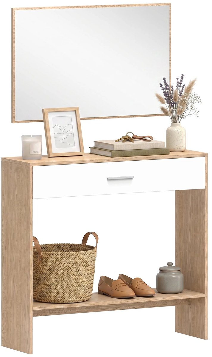 Archi Halmeubelset met Spiegel – Consoletafel - Gang Kast - Met Lade & Opbergplank – 2-Delig – 91,5 x 27,9 x 85,5 cm – Wit/Eiken