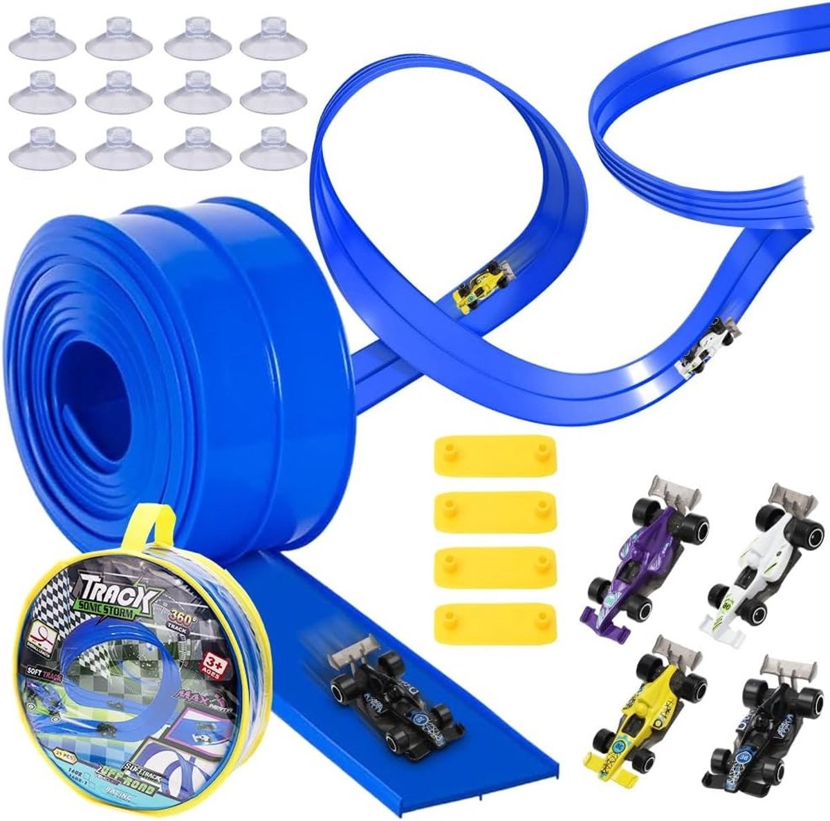 Racetrack Speelgoed van 4.5 Meter met 4 Alloy Voertuigen, Ramp en Cadeau voor Jongens en Meisjes