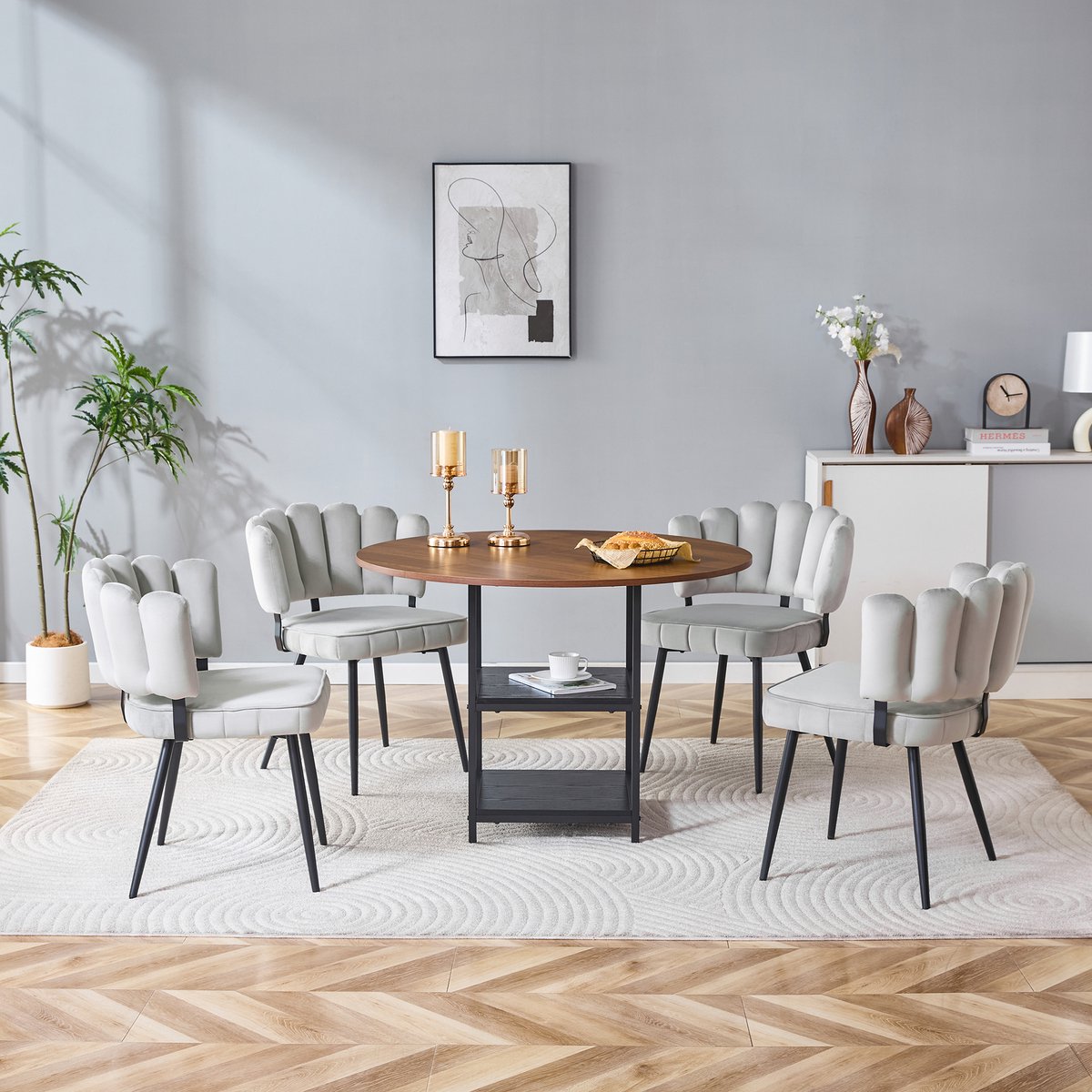 Wishdor Eetkamerset 4 stoelen - Ronde eettafel met dubbele opberglagen - Modern - Lichtgrijs - Walnootlook - Metaal - 107 cm