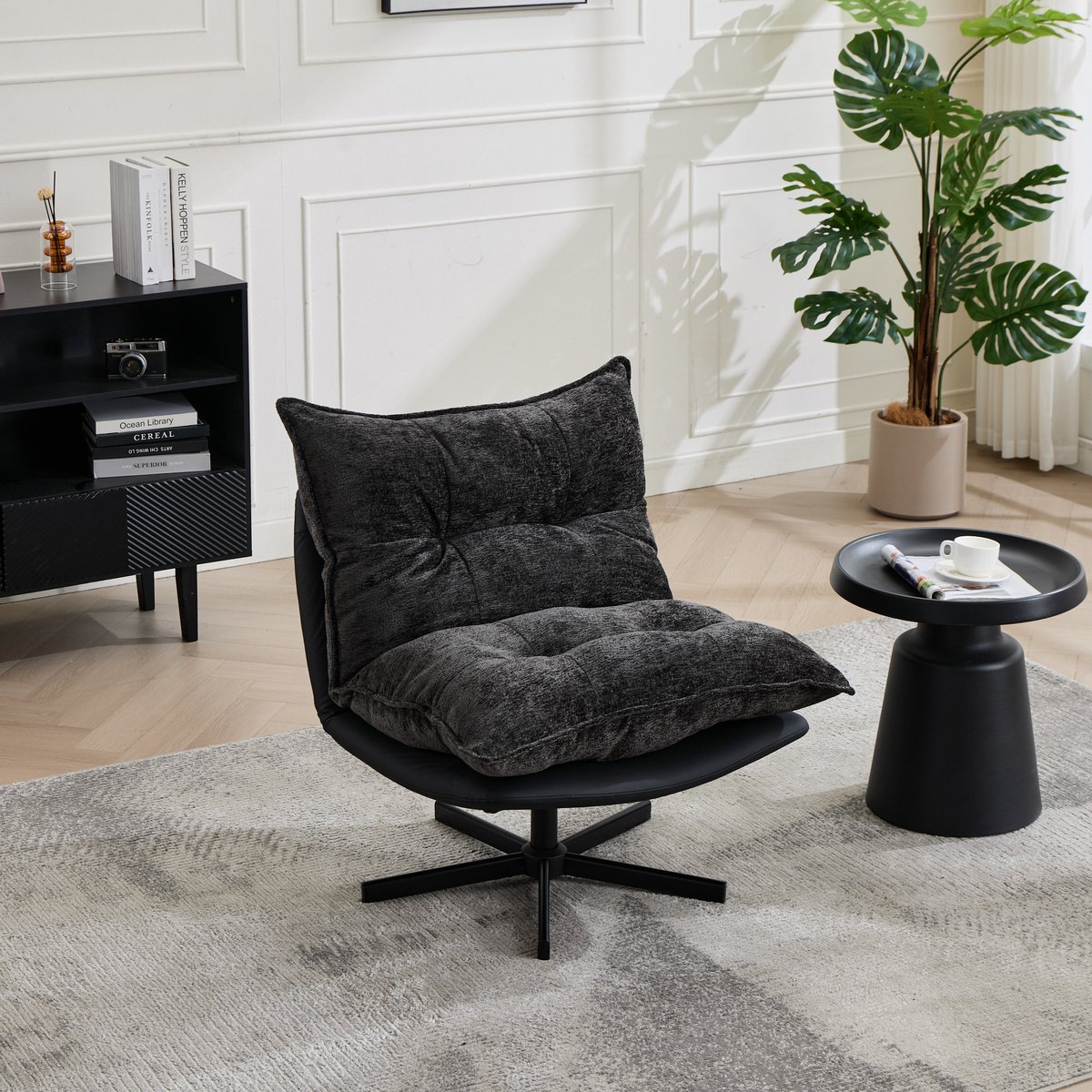 Wishdor Relaxfauteuil draaibaar 360° - Verstelbare rugleuning 3 standen - Chenille en krastbestendig kunstleer - Metaal - Donkergrijs zwart - 79 cm