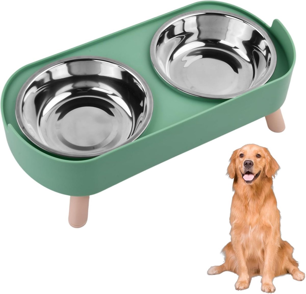 Verhoogde kattenbak en voerbak set van roestvrij staal voor katten en kleine honden, groen en duurzaam