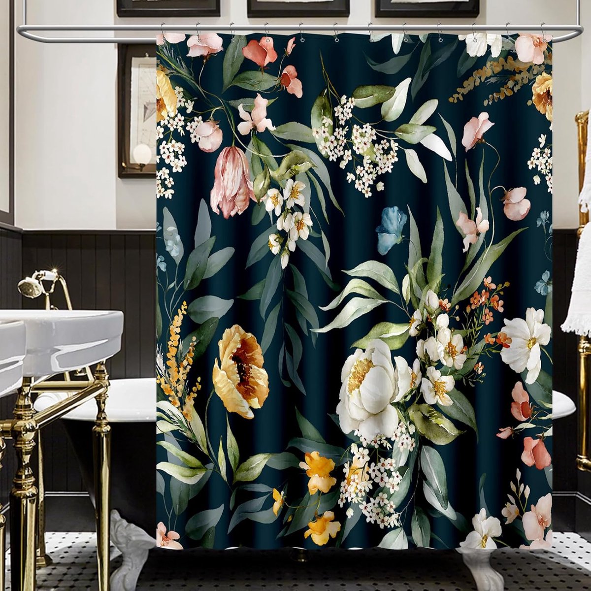 SnelShoppen - Douchegordijn met Zwarte Bloemen - Kleurrijk en Waterdicht - 182x183cm - Premium Polyester - Inclusief 12 Haakjes voor Badkamer