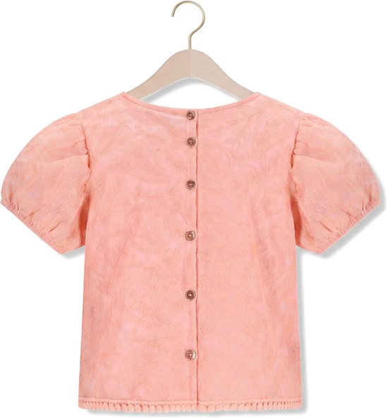 Roze blouse met korte pofmouwen, knoopsluiting op de rug en een paisley-achtig patroon.