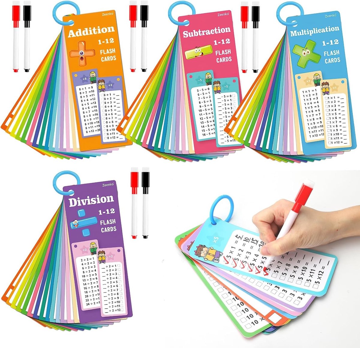 Educatieve wiskundekaarten voor kinderen met 8 uitwisbare markers - Oefen optellen, vermenigvuldigen en delen met handige leerhulp