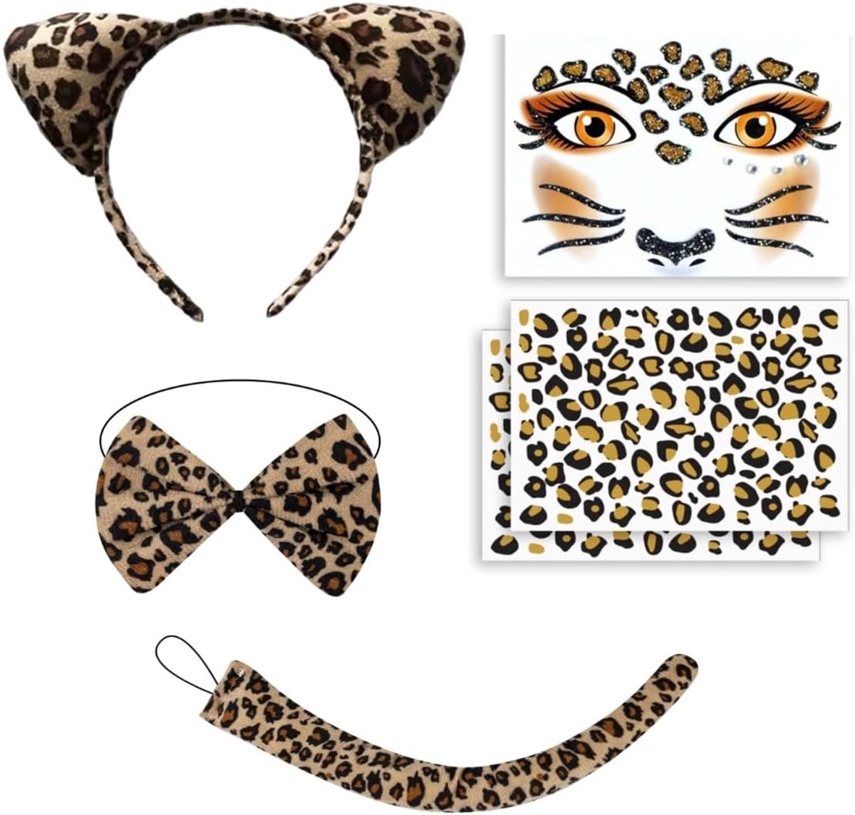 Vrouwelijk Leopard Kostuum Set van 6 Stukken met Oren, Staart, Strik en Gezichtstatoeage voor Halloween en Carnaval Cosplay Feestjes