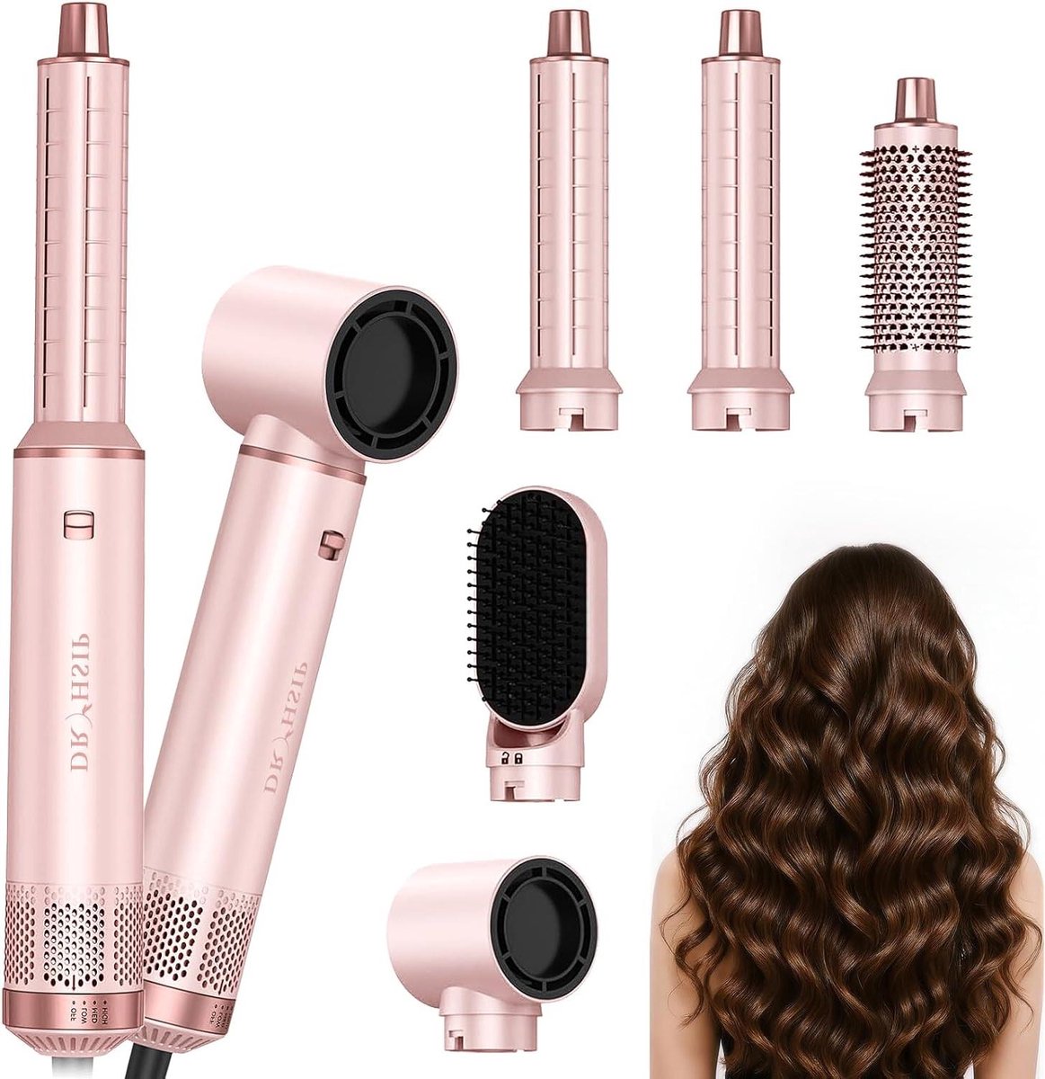 Haardrogerborstel 5-in-1 - Heteluchtstyler Krultang - Haar Stylen - Afneembare Opzetstukken - Compact Lichtgewicht - Zwart