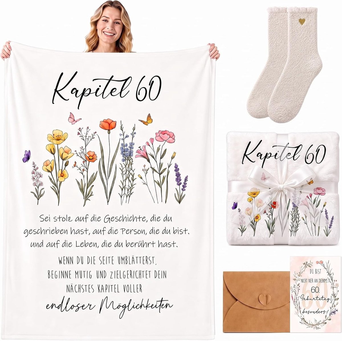 Cadeaus voor 60e Verjaardag van Vrouwen - Flanellen Deken, Sokken en Wenskaart voor Moeder, Oma en Vriendin