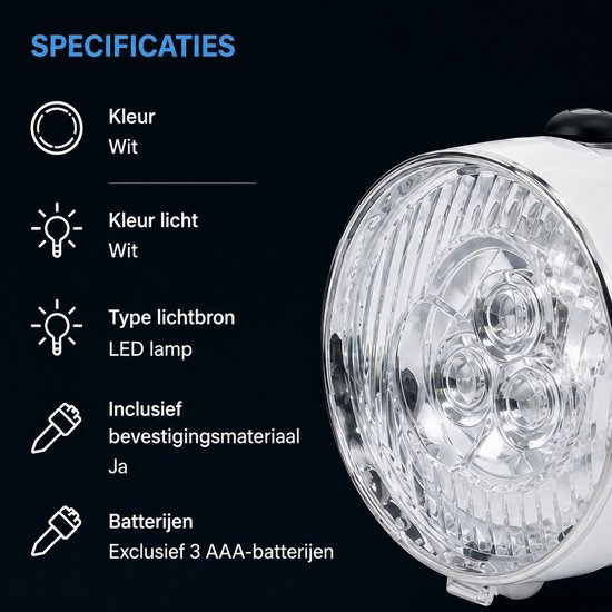 Fietskoplamp - Fietsverlichting - Retro Koplamp - Wit — afbeelding 3