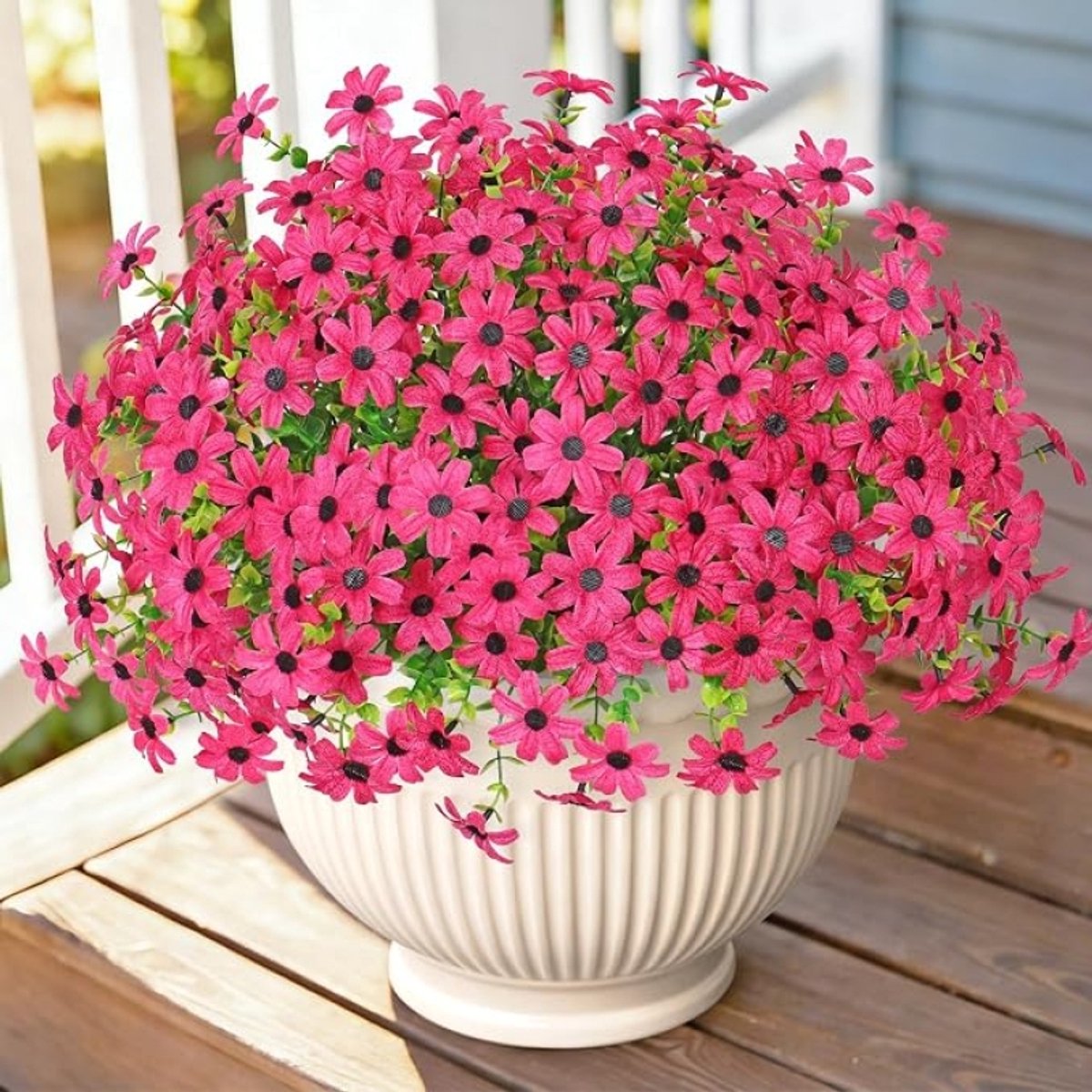 Kunstbloemen 8 bundels - UV-bestendig zijden bloemen voor buiten - Madeliefjes met eucalyptus takken - 35 cm - voor balkon, tuin en huisdecoratie