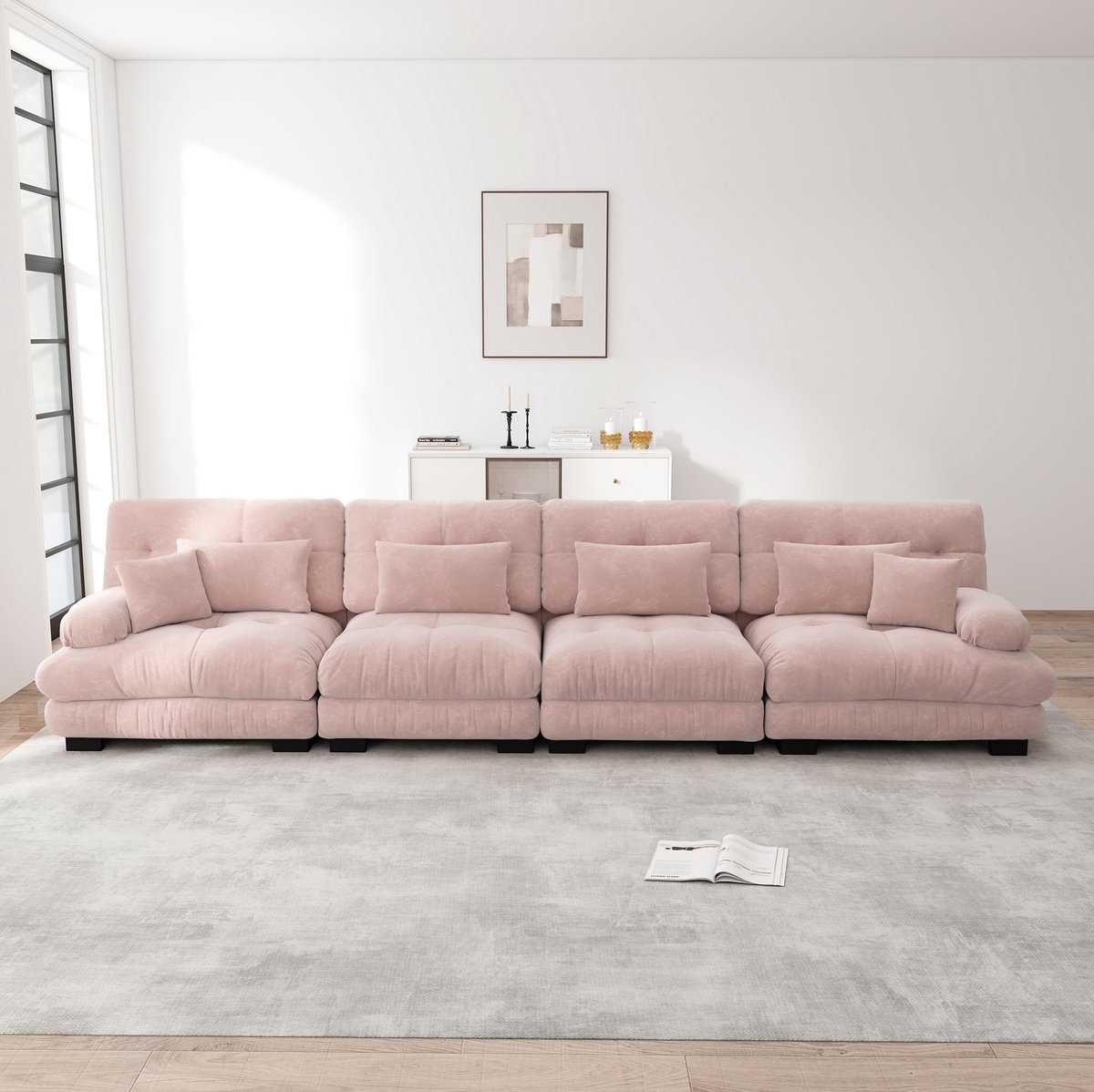 MODENUIT Hoekbank 4-Zits - Modulaire Opstelling Met Diepe Zitting - Woonkamer En Bureau - Chenille - Roze