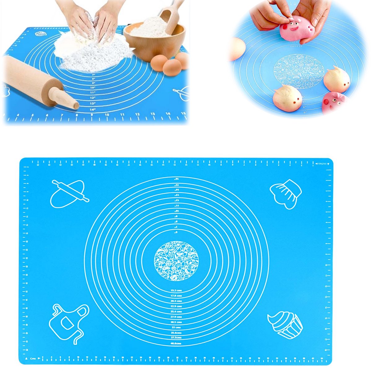 Siliconen kneedmat - bakmat - kookmat - met maatverdeling - antislip rolmat - antiaanbak kneedplankmat - broodfondantmat - herbruikbare siliconenmat - blauw - 50 cm x 40 cm