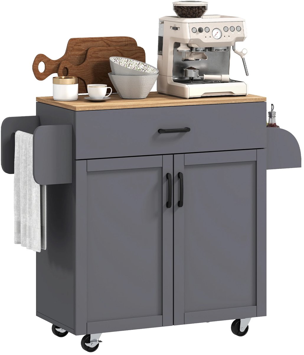 Bresht Keukentrolley - 4 wielen - 2 wielen met rem - Lade, Kast & Kruidenrek - Handdoekstang - Grijs en Houtlook -105 × 36 × 85 cm