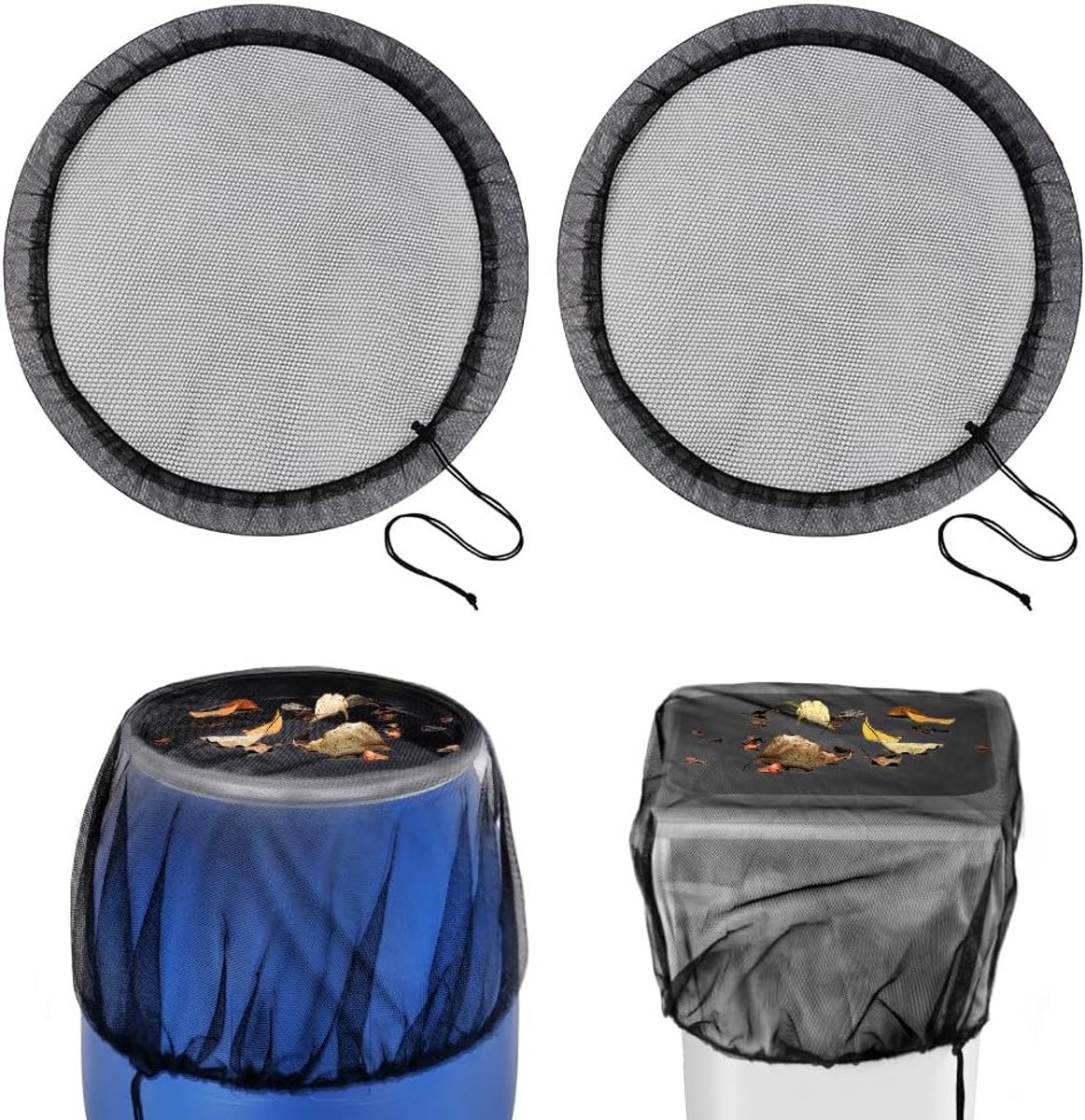 Regentanknet, 2 stuks, afdekking voor rond regenton, verstelbare afdekking met trekkoord tegen bladeren, muggen, Ø 95 cm