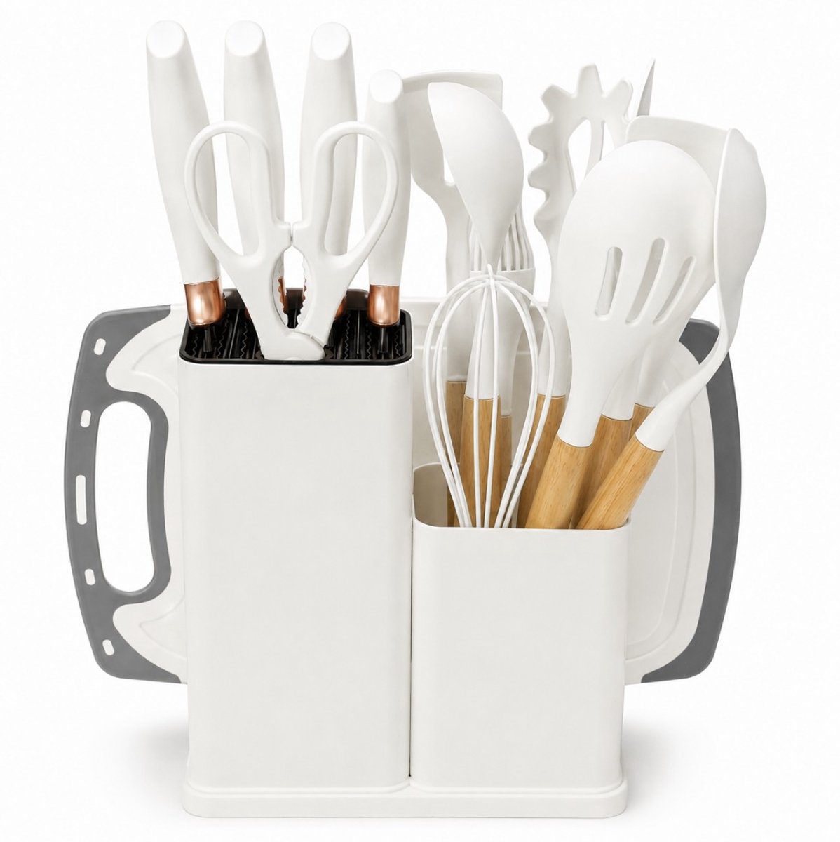 BSS® Messenset Keuken – 19-delige Keukengerei Set met 5 Messen, 12 Siliconen Keukenhulpen, Schaar, Snijplank en Opbergblok – Wit