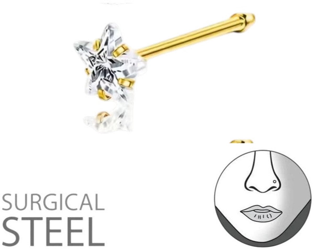 Neuspiercing Stervormige Zirkonia 3mm Goudkleurig – Recht Staafje Staal - 3mm