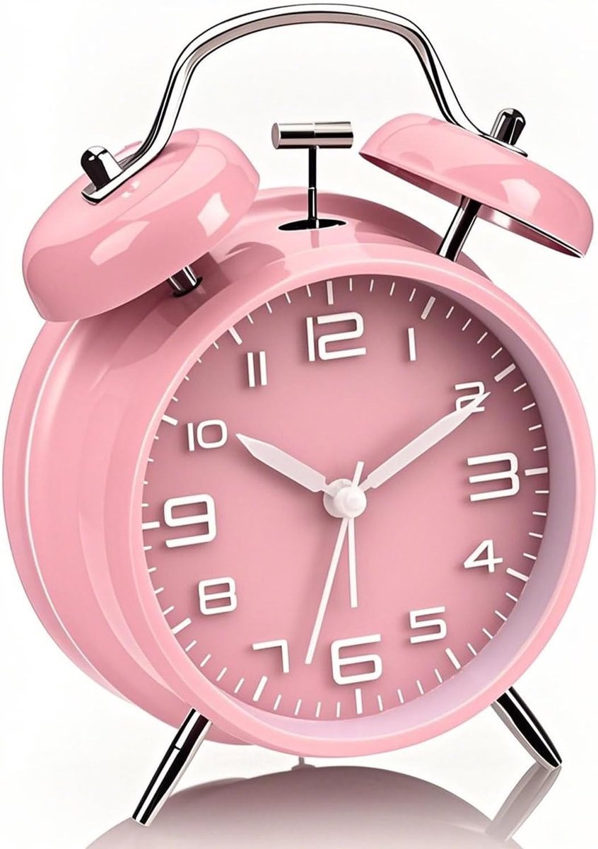 Roze wekker met dubbele bel, extra luid voor diepe slapers, geen tikgeluid, werkt op batterijen met nachtlampje, vintage metalen nachtklok voor meisjes, tieners en vrouwen