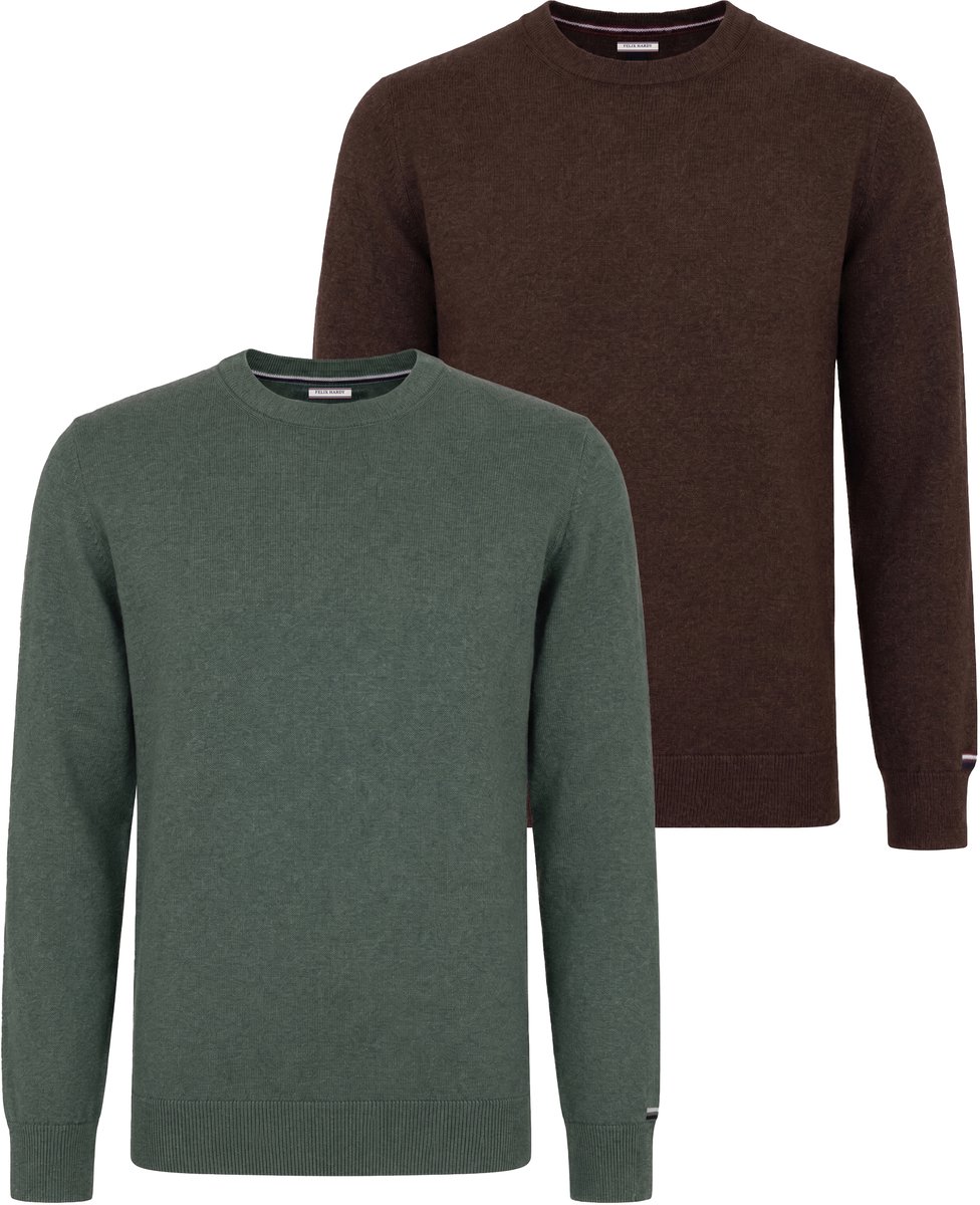 Felix Hardy Set Van 2 Truien Met Ronde Hals - 100% Katoen Heren Bruin-Groen - S