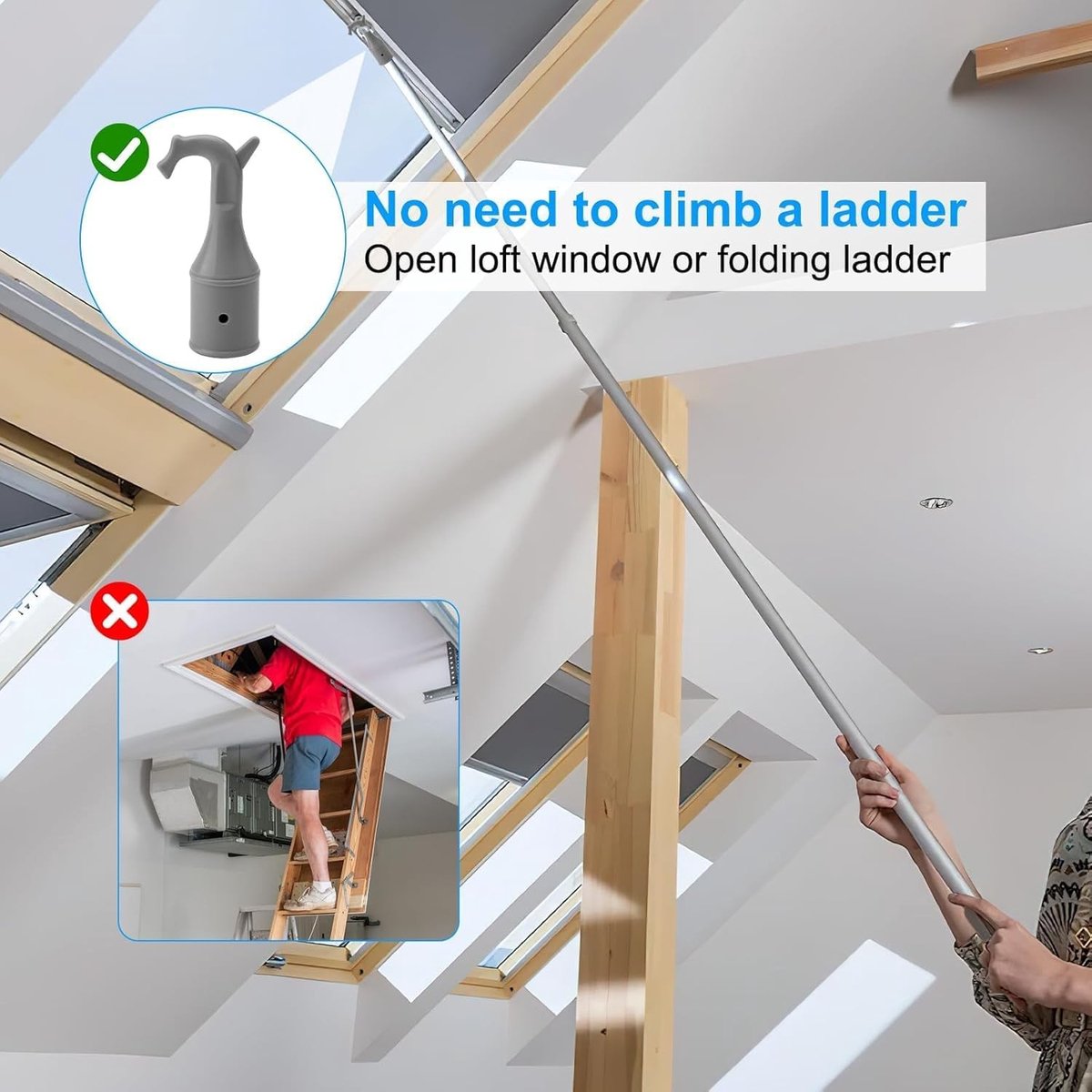 2 Stuks Attic Hooks voor Vloer en Trap, Raamopener Accessoires met Antislip Basis, Grijze Haak voor Dakramen en Trapgebruik