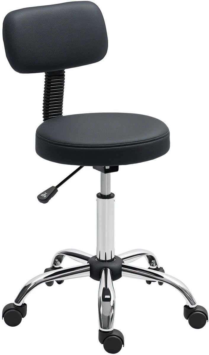 Brandistry - Draaibare Verstelbare Kruk - Kruk Met Wielen - In Hoogte Verstelbaar - Draaibare Kruk - Rugleuning - 78-93 Cm - Zwart