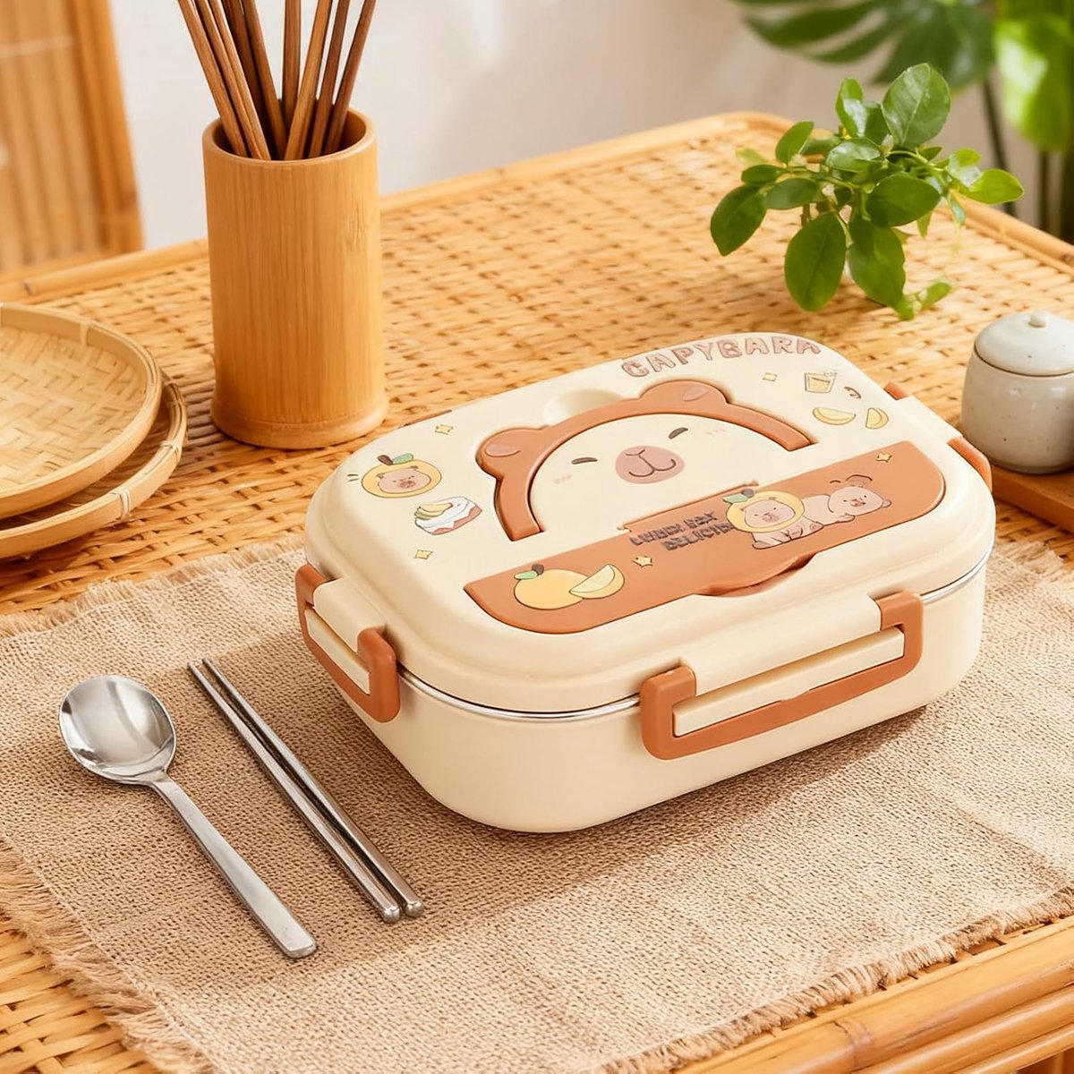 Casalora Lunchbox—Capybara Roestvrijstalen Bento Box—Drie Vakken—Lekvrij—Inclusief Bestek—Draagbaar—Geïsoleerde Tas—Perfect voor Picknicks, Kamperen, Reizen en School — cadeau in Koken & Dineren - foto 2