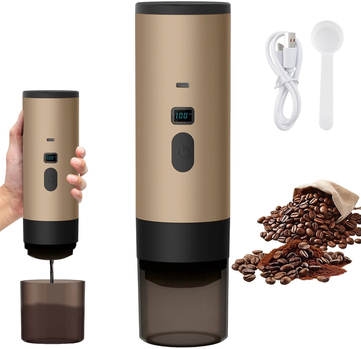 Lamor Draagbare Koffiemachine - Koffiezetapparaat - Koffiemachines - Compact - Roestvrij staal - 23,5 x 6,5 cm - Oplaadbaar