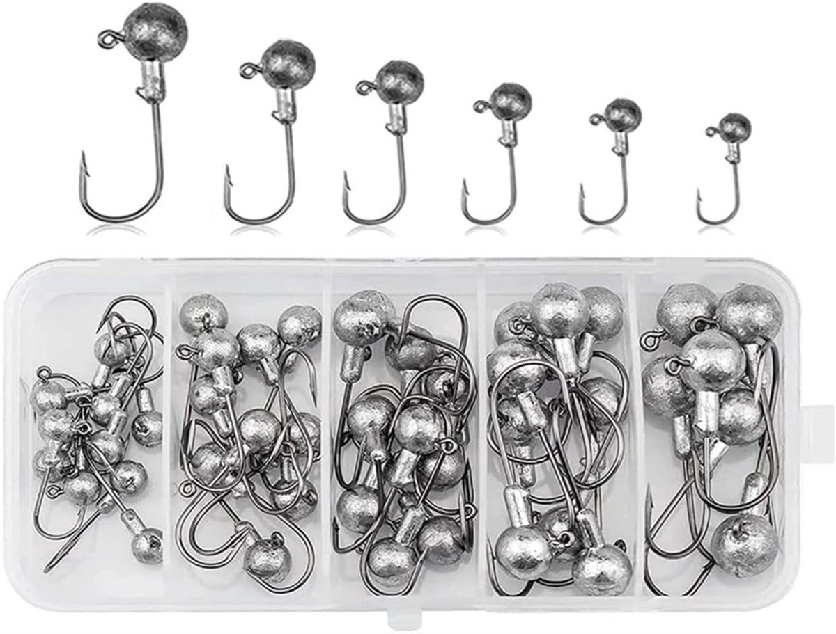 Complete Set van 45 Vissershaken met Ronde Jigkop voor Baars en Forel - Inclusief Plastic Opbergdoos voor Zoet- en Zoutwater Vissen