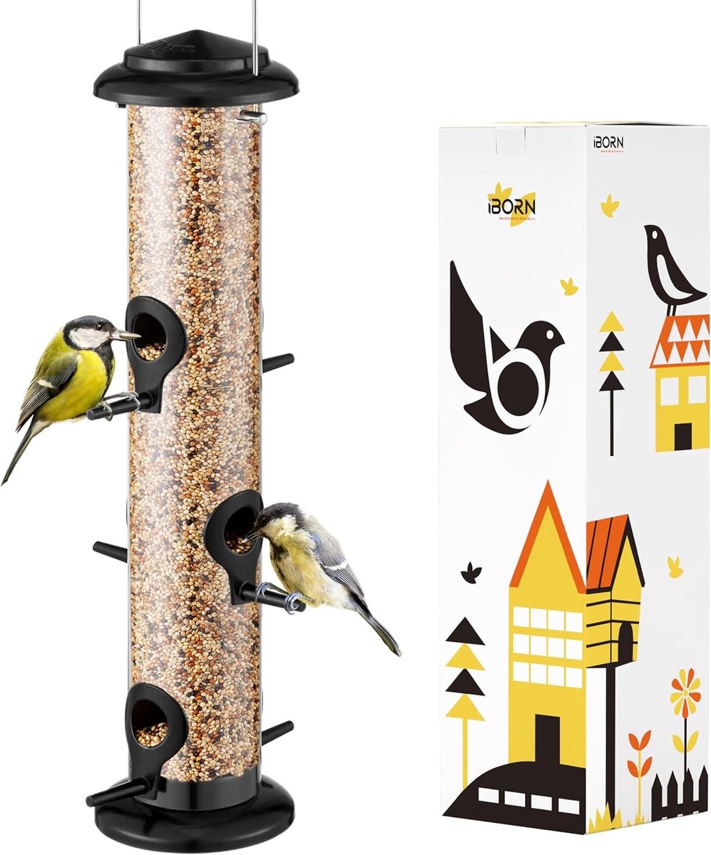 Zwarte Buitenvoeder voor Wilde Vogels, Hangende Metalen Voederhuis met 6 Openingen, 14 Inch, Duurzaam en Weerbestendig