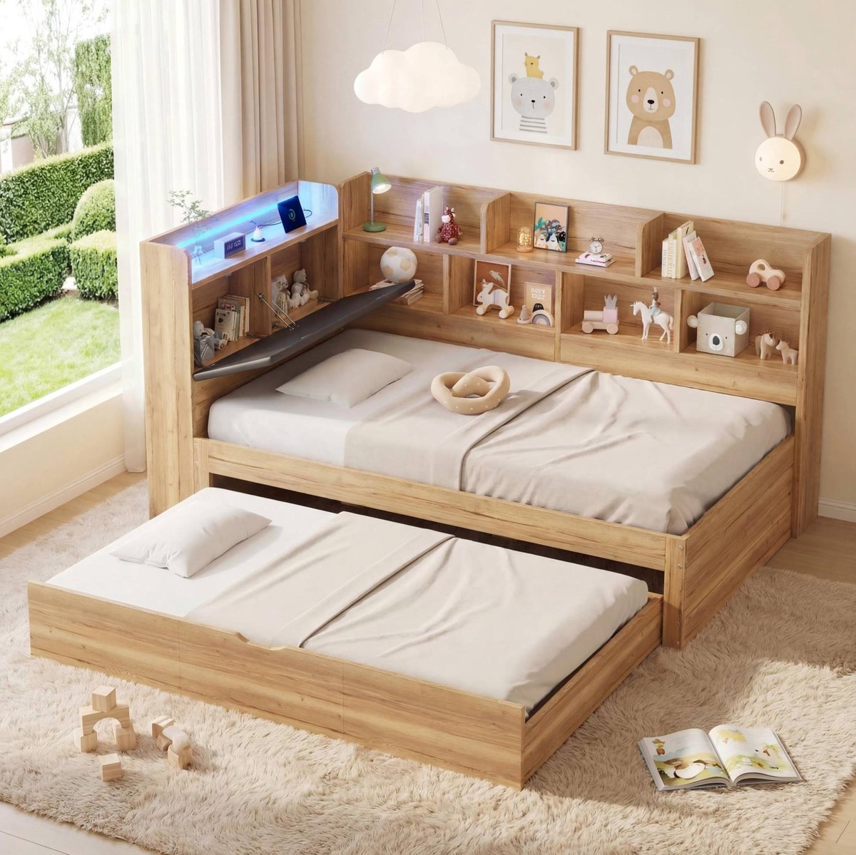 Wishdor Kinderbed met uitschuifbed 90x190 cm - LED-verlichting, USB- en TYPE-C-laadpunten, opbergrekken en lattenbodem, MDF, naturel, 90x200 cm