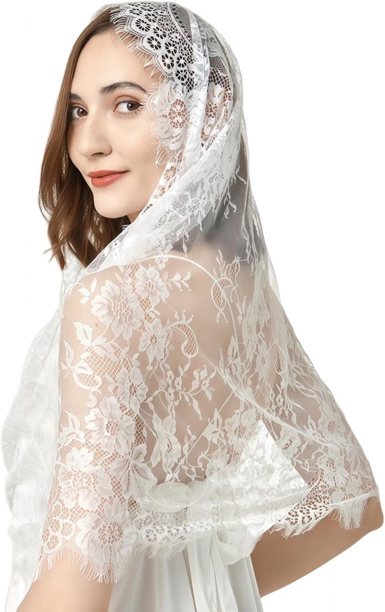 Kant en bloemen mantilla sluier voor bruid, religieuze ceremonies, huwelijken en uitvaarten