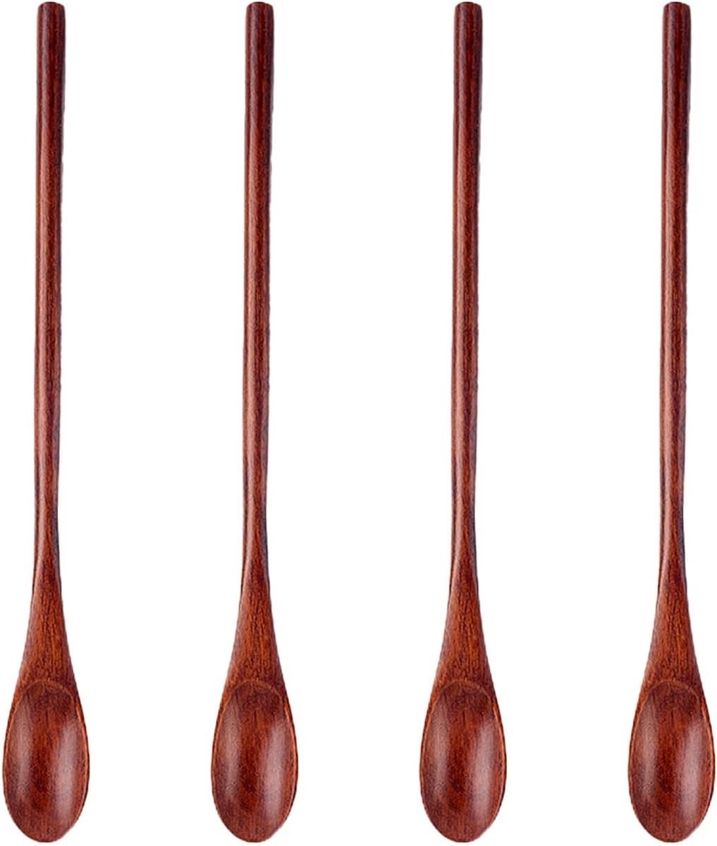 Set van 4 Lange Houten Lepels, Herbruikbare Vintage Keukenlepel, Natuurlijke Houten Roerlepels voor Thuis, Café, Restaurant en Kamperen