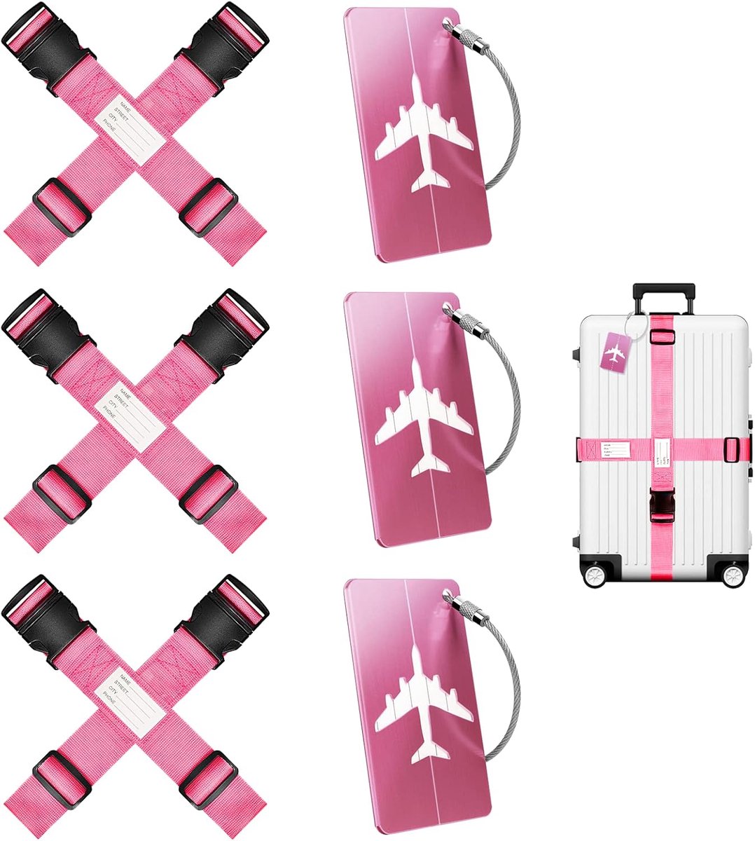 SnelShoppen - 6 Luggage Straps + 3 Luggage Tags, Gepersonaliseerde Kofferspanners met Labels in Roze, Perfect voor Reizen, Vakantie, Camping