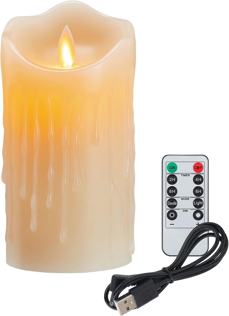 Oplaadbare LED Kaars - Wit - 7,5 x 10 cm - Flikkerende Vlam met Afstandsbediening - Voor Decoratie