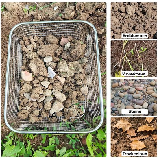 Tuinzeef van roestvrij staal, compostzeef, grondzeef, metalen zeef, geschikt voor aarde, zand, grind, stenen, enz., speciaal voor de tuin, zware zeefmand. van lism — afbeelding 2