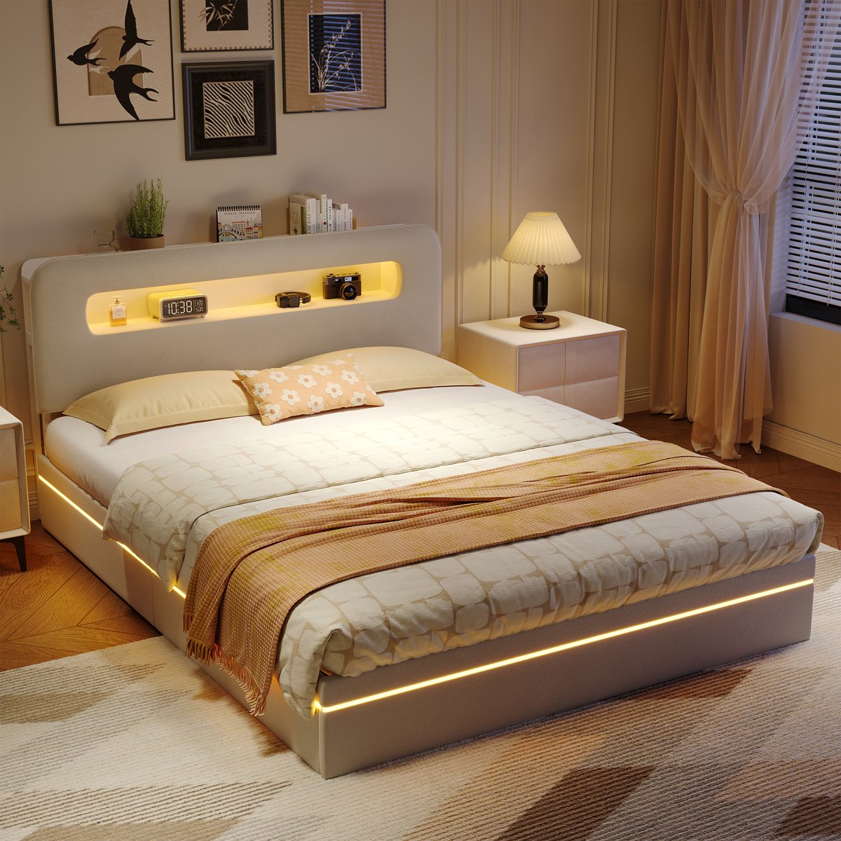 Opbergbed 140x200 cm met ledverlichting, bedframe met lattenbodem en opbergruimte, gestoffeerd hoofdbord met open planken, Tweepersoonsbed voor volwassenen en tieners, fluweel Beige